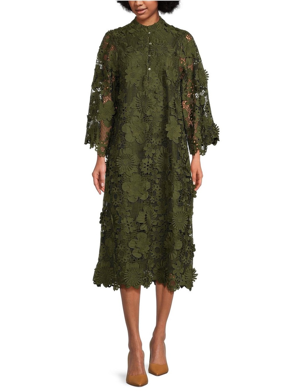 J.Marie Seraphina Floral 3D Lace Mandarin Collar Midi Dress in olive green